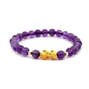 18K Gold Dragon Pixiu Piyao Lucky Charm Beads Bracelet Gemstones Amethyst 6mm